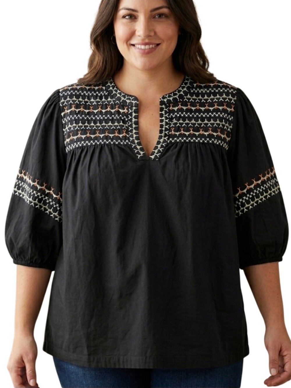 Calligraphie Top Womens Size XL Black White Embroidered Puff Sleeve Peasant